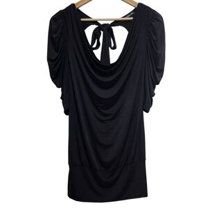 Bebe Top Women Sz M Black Cowl Neck Open Tie Back Mutton Puff Slv Goth Party Y2K